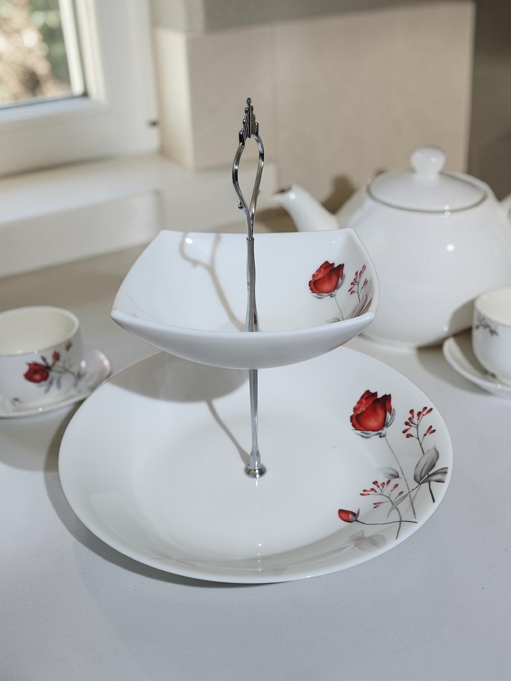 White Porcelain Two-Tier Stand with Red Rose Motif